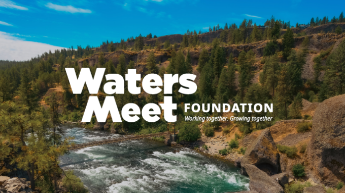 The logo for Waters Meet over a picture of the Spokane River.
